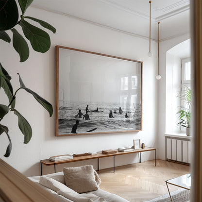Oversized framed photo of: Swamis 6683 displayed on a living room wall above a console. 