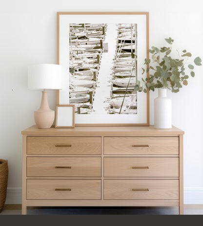 Vertical nautical wall print featuring a marina packed with white boats docked at the San Diego harbor. Photograph in minimalist mock up.
