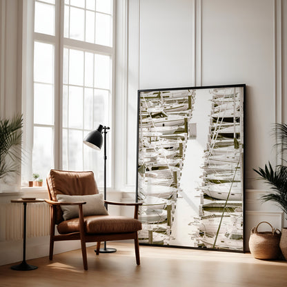 Vertical nautical wall print featuring a marina packed with white boats docked at the San Diego harbor. Photograph in minimalist mock up.