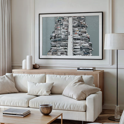 Horizontal nautical wall print featuring a marina packed with white boats docked at the San Diego harbor. Photograph in minimalist mock up.