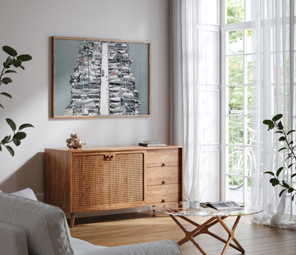 Horizontal nautical wall print featuring a marina packed with white boats docked at the San Diego harbor. Photograph in minimalist mock up.