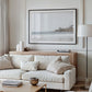 Landscape surf wall decor featuring surfers in the ocean near Salt Creek Beach, with a distant residential coastline and crashing waves. This print captures the surf vibes. Photograph in minimalist mock up.