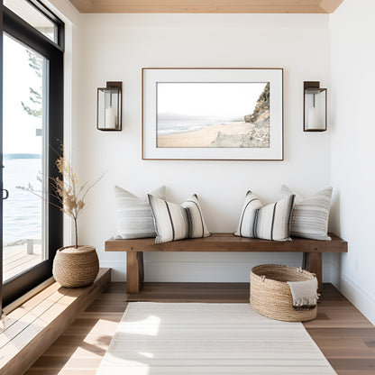 Landscape coastal photography capturing the rugged cliffs and serene ocean waters of Laguna Beach, San Diego. A beautiful San Diego print and beachscape. Photograph in minimalist mock up.