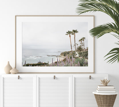 Horizontal coastal photography featuring a scenic view of the ocean with palm trees in the background, set against a white sky, located in Laguna California. Photograph in minimalist mock up.