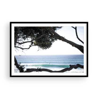 An ocean view reveals surfers on gentle waves, with a white bird soaring. Tree branches provide a natural, rustic foreground to the serene scene, taken at a beach in Del Mar, San Diego. Photograph in minimalist mock up.