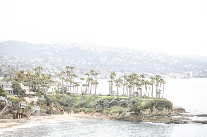 Horizontal coastal photography of Laguna Beach, San Diego, featuring a fine art giclee print featuring palm trees on a small island in a body of water. 