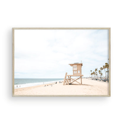 A wide landscape coastal photography view of Newport Beach in Southern California, featuring a row of tall palm trees, a lifeguard tower, and people enjoying the calm beach. Photograph in minimalist mock up.