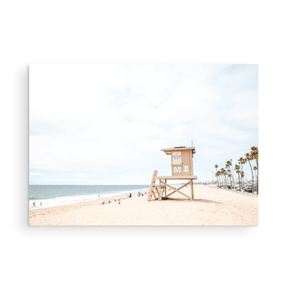A wide landscape coastal photography view of Newport Beach in Southern California, featuring a row of tall palm trees, a lifeguard tower, and people enjoying the calm beach. Photograph in minimalist mock up.