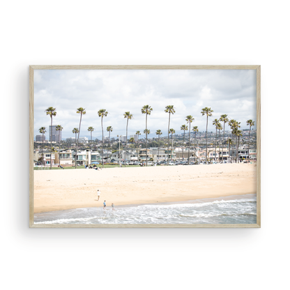 Landscape beach photography of Newport Beach, California, showing a wide sandy beach, a long line of tall palm trees, and coastal homes. Photograph in minimalist mock up.