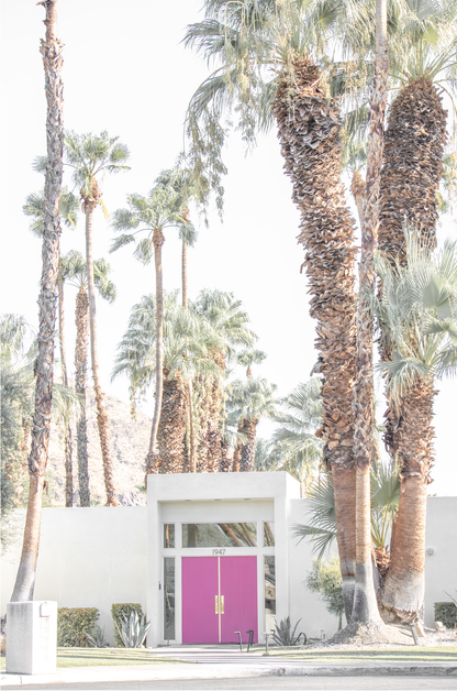 Vertical tropical print featuring a Palm Springs residence with a vibrant pink door, framed by numerous tall palm trees. This image is a fun beach photography style print. 