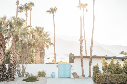 Coastal print of a Palm Springs home with a bright blue door, surrounded by tall palm trees and distant mountains, embodying summer vibes wall art. Photograph in minimalist mock up.