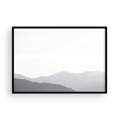 Minimalist horizontal art print of hazy mountains layered in soft tones. Located in Palms Springs, California. Photograph in minimalist mock up