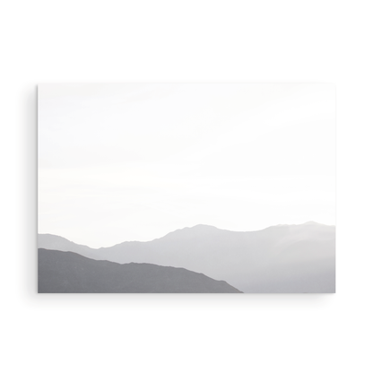 Minimalist horizontal art print of hazy mountains layered in soft tones. Located in Palms Springs, California. Photograph in minimalist mock up