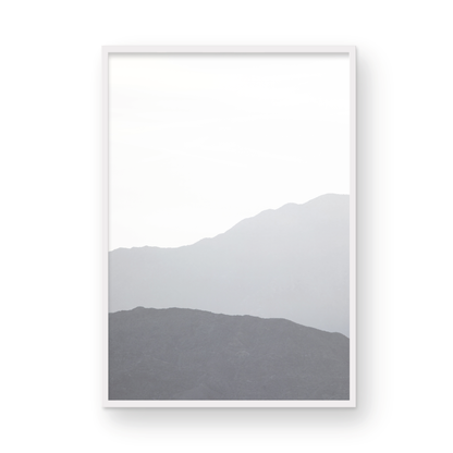  Minimalist vertical art print of hazy mountains layered in soft tones. Located in Palms Springs, California. Photograph in minimalist mock up