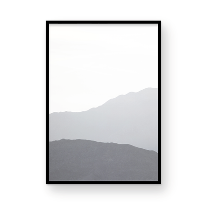 Minimalist vertical art print of hazy mountains layered in soft tones. Located in Palms Springs, California. Photograph in minimalist mock up