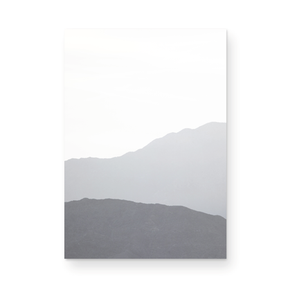Minimalist vertical art print of hazy mountains layered in soft tones. Located in Palms Springs, California. Photograph in minimalist mock up