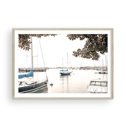 Landscape coastal photography of sailboats in San Diego Bay, framed by tree branches. This calm nautical print offers a coastal theme wall art. Photograph in minimalist mock up.