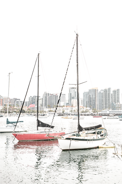 A vertical San Diego print showcasing numerous sailboats in San Diego Harbor with the city skyline in the background. This modern coastal print embodies the Southern California coastal photography, perfect for a large beach wall art. 
