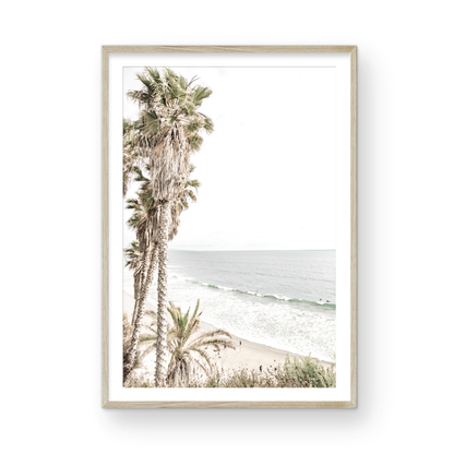 Dreamy coastal palm tree print featuring several tall palm trees with shaggy trunks, lining a gentle slope down to a tranquil beach. This vertical tropical print is captured at Swamis Beach on the Southern California coast, is bathed in bright, hazy sunlight, creating a pastel beach art effect. Evokes serene summer vibes, perfect for beach house decor. Photograph in minimalist surf art mock up.