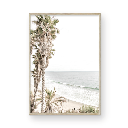 Dreamy coastal palm tree print featuring several tall palm trees with shaggy trunks, lining a gentle slope down to a tranquil beach. This vertical tropical print is captured at Swamis Beach on the Southern California coast, is bathed in bright, hazy sunlight, creating a pastel beach art effect. Evokes serene summer vibes, perfect for beach house decor. Photograph in minimalist surf art mock up.