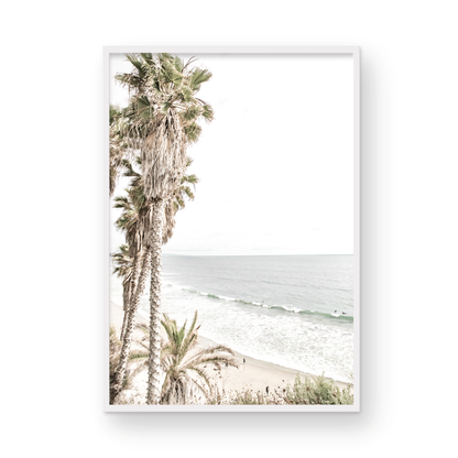 Dreamy coastal palm tree print featuring several tall palm trees with shaggy trunks, lining a gentle slope down to a tranquil beach. This vertical tropical print is captured at Swamis Beach on the Southern California coast, is bathed in bright, hazy sunlight, creating a pastel beach art effect. Evokes serene summer vibes, perfect for beach house decor. Photograph in minimalist surf art mock up.