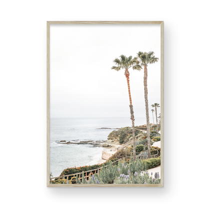 Vertical coastal photography featuring a scenic view of the ocean with palm trees in the background, set against a white sky, located in Laguna California. Photograph in minimalist mock up.