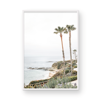 Vertical coastal photography featuring a scenic view of the ocean with palm trees in the background, set against a white sky, located in Laguna California. Photograph in minimalist mock up.