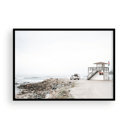 Landscape beach photography of Salt Creek Beach, with lifeguard tower SC 4 in the foreground, and many people enjoying the beach and ocean in the distance. A beach vibes print. Photograph in minimalist mock up.