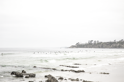 Landscape coastal photography of Salt Creek Beach with dark rocks on the shore and numerous surfers in the ocean. A neutral ocean print perfect for beach house decor. 