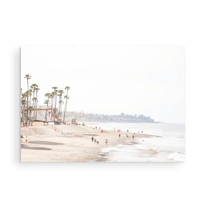 Landscape coastal photography of a wide sandy beach at San Clemente State Beach, with tall palm trees and people enjoying the calm ocean. Perfect for a beach theme wall decor. Photograph in minimalist mock up.