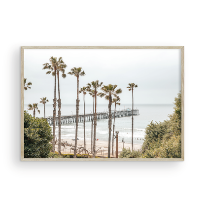 A horizontal landscape coastal photography shot of the San Clemente Pier from behind a lush line of tall palm trees. This beachscape print highlights the California coast and is ideal for large landscape beach art or a beach theme wall decor, with subtle ocean waves. Photograph in minimalist mock up.