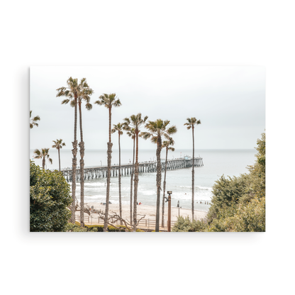 A horizontal landscape coastal photography shot of the San Clemente Pier from behind a lush line of tall palm trees. This beachscape print highlights the California coast and is ideal for large landscape beach art or a beach theme wall decor, with subtle ocean waves. Photograph in minimalist mock up.