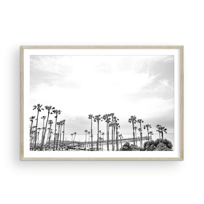 Horizontal black and white coastal photography of many palm trees in the foreground, with the San Clemente Pier extending into the ocean in the background. This large landscape beach art conveys strong beach vibes. Photograph in minimalist mock up.
