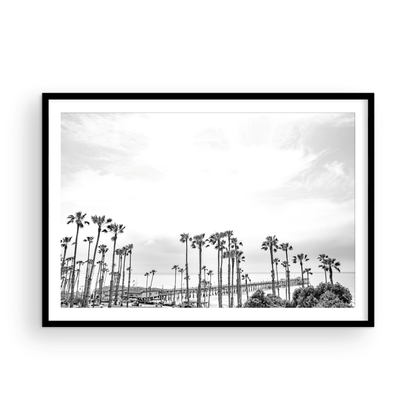 Horizontal black and white coastal photography of many palm trees in the foreground, with the San Clemente Pier extending into the ocean in the background. This large landscape beach art conveys strong beach vibes. Photograph in minimalist mock up.