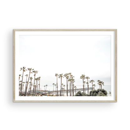 Horizontal landscape coastal photography of many palm trees in the foreground, with the San Clemente Pier extending into the ocean in the background. This large landscape beach art conveys strong beach vibes. Photograph in minimalist mock up.