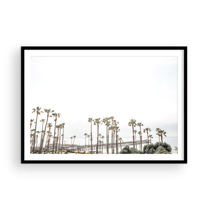 Horizontal landscape coastal photography of many palm trees in the foreground, with the San Clemente Pier extending into the ocean in the background. This large landscape beach art conveys strong beach vibes. Photograph in minimalist mock up.