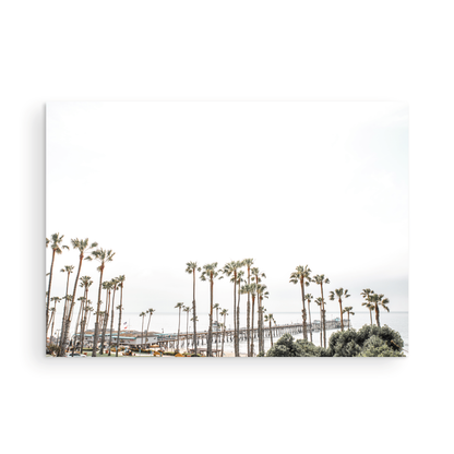 Horizontal landscape coastal photography of many palm trees in the foreground, with the San Clemente Pier extending into the ocean in the background. This large landscape beach art conveys strong beach vibes. Photograph in minimalist mock up.