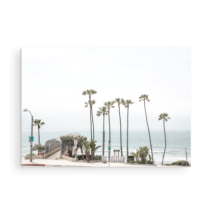 Landscape coastal photography of T-Street Beach in San Clemente, with tall palm trees and a unique pier structure leading to the ocean. A perfect horizontal California coast print. Photograph in minimalist mock up