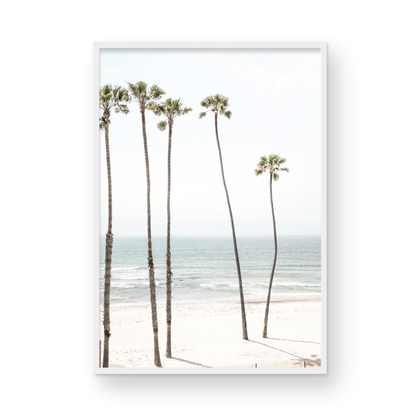 Vertical coastal print showcasing a line of very tall palm trees against the bright sky, overlooking the calm ocean waves. A quintessential tropical coastal print. Photograph in minimalist mock up.