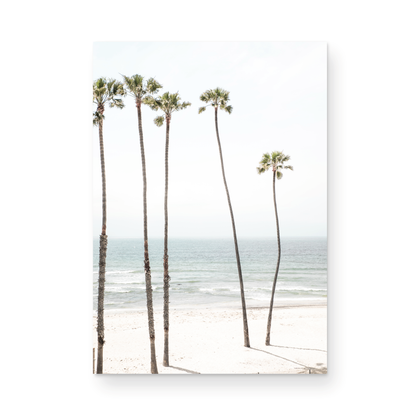 Vertical coastal print showcasing a line of very tall palm trees against the bright sky, overlooking the calm ocean waves. A quintessential tropical coastal print. Photograph in minimalist mock up.