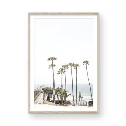 Vertical California coast print featuring a row of tall palm trees standing beside the entrance to a pier, with the ocean in the background. A coastal palm tree print. Photograph in minimalist mock up.