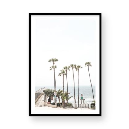 Vertical California coast print featuring a row of tall palm trees standing beside the entrance to a pier, with the ocean in the background. A coastal palm tree print. Photograph in minimalist mock up.