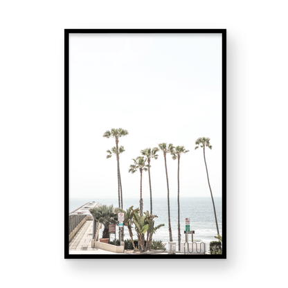 Vertical California coast print featuring a row of tall palm trees standing beside the entrance to a pier, with the ocean in the background. A coastal palm tree print. Photograph in minimalist mock up.