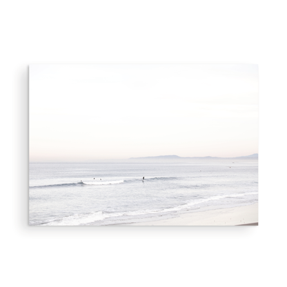 Horizontal minimalist ocean print showing a smooth seascape with gentle ocean waves meeting a clear horizon line. This calm ocean print provides a serene view. Photograph in minimalist mock up.