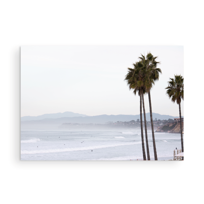 Landscape San Diego beach print showing a seascape with gentle ocean waves in the water and palm trees in the foreground. Photograph in minimalist mock up.