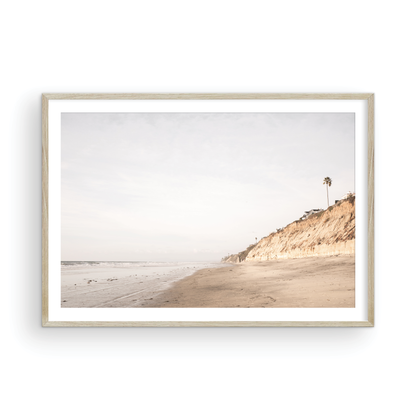 Beach scene with a palm tree on a cliff under a cloudy sky, the sandy shores meeting the tide. This image evokes surf vibes and summer. Photograph in minimalist mock up.