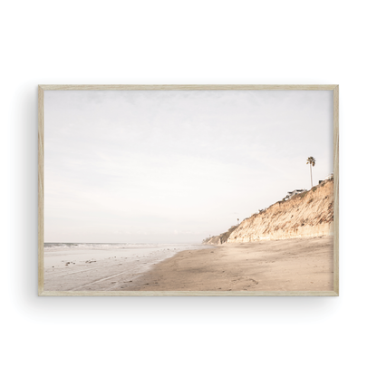 Beach scene with a palm tree on a cliff under a cloudy sky, the sandy shores meeting the tide. This image evokes surf vibes and summer. Photograph in minimalist mock up.