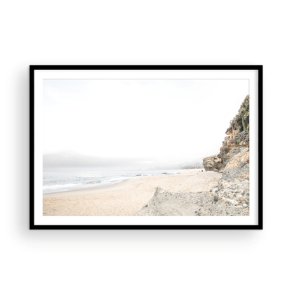 Landscape coastal photography capturing the rugged cliffs and serene ocean waters of Laguna Beach, San Diego. A beautiful San Diego print and beachscape. Photograph in minimalist mock up.