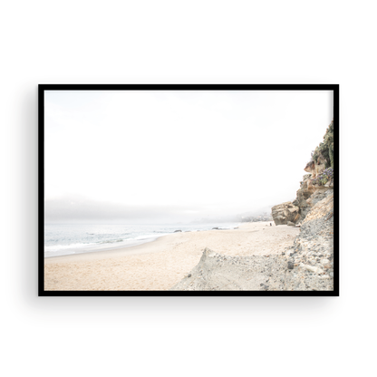 Landscape coastal photography capturing the rugged cliffs and serene ocean waters of Laguna Beach, San Diego. A beautiful San Diego print and beachscape. Photograph in minimalist mock up.