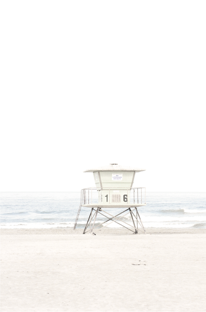 A vertical beach art close-up of a pale lifeguard tower (16), with ocean waves in the distance, on a San Diego Beach. 